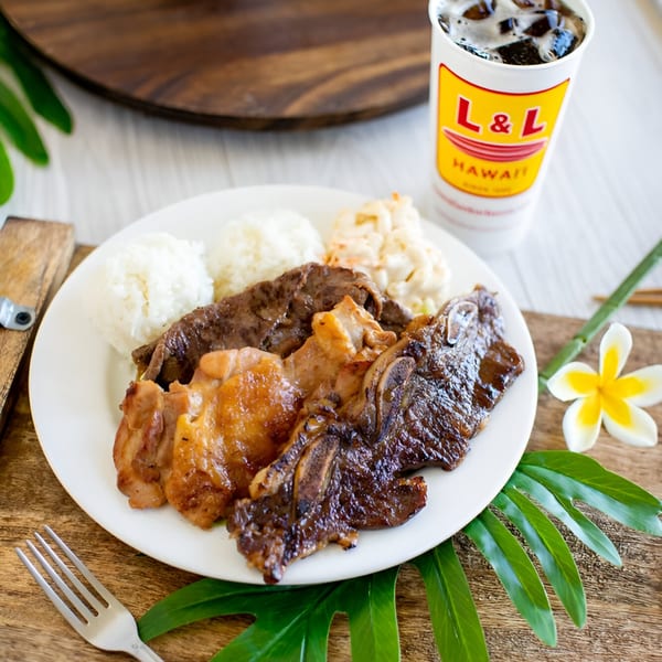 L&L Hawaiian Barbecue plate lunch with kalua pork, chicken, short ribs, rice, and macaroni salad.