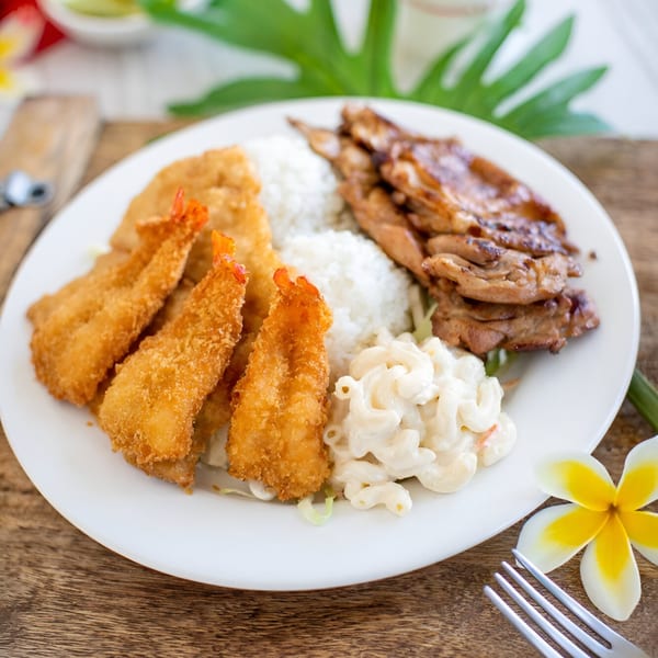 L&L Hawaiian Barbecue plate lunch with fried shrimp, grilled chicken, rice, and macaroni salad.
