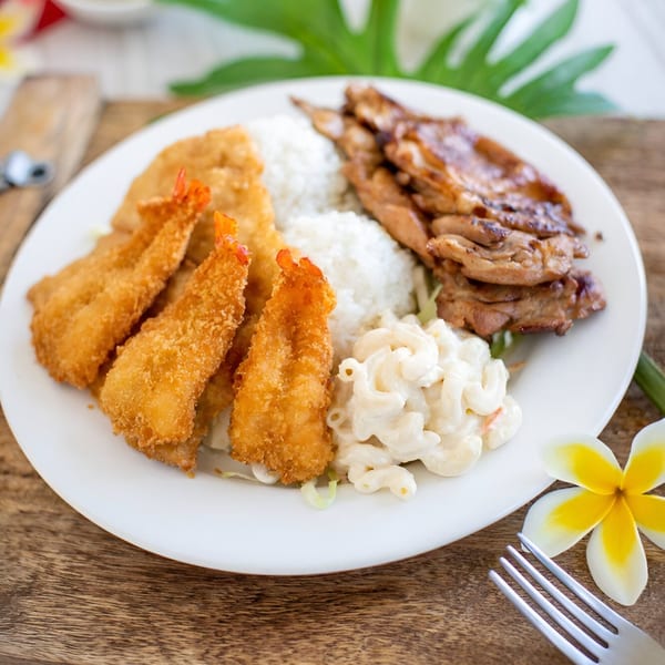 L&L Hawaiian Barbecue plate lunch with fried shrimp, grilled chicken, rice, and macaroni salad.