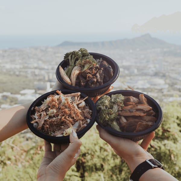 Three hands hold L&L Hawaiian Barbecue bowls with meat, rice, and vegetables, overlooking a city and ocean.