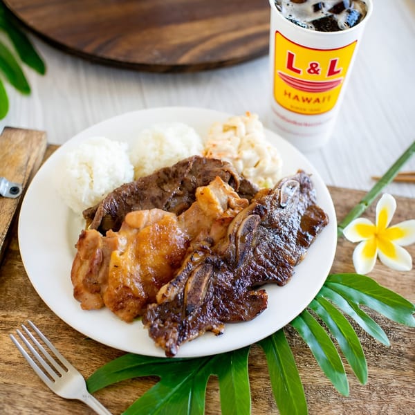 L&L Hawaiian Barbecue plate lunch with rice, macaroni salad, chicken, beef, and short ribs.